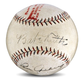 Babe Ruth and Lou Gehrig Dual Signed 1926-27 Ban Johnson OAL Baseball
